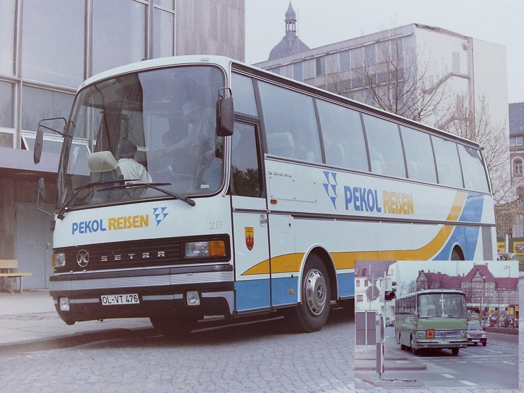 Wer kann sich noch an die Reisebusse von Pekol erinnern. Erst im hellen gr�n (kleines Bild) sp�ter in den Farben der Firma WOLTERS. Am 27.06.1985 endete die �ra eines der letzten gro�en privaten Nahverkehrsunternehmen in Deutschland, den Oldenburger Vorortbahnen Pekol GmbH.